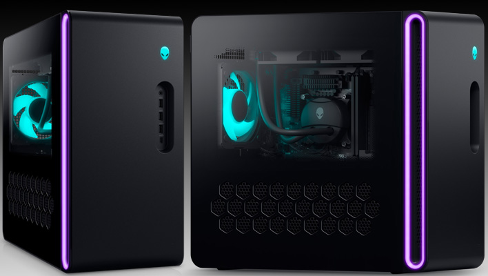 Angled and side views of an Alienware Aurora R16 gaming desktop on a black and gray gradient background.