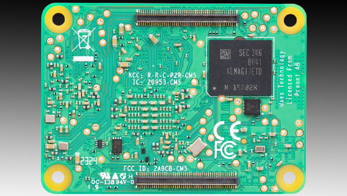 Backside shot of the Raspberry Pi Compute Module 5 on a black and gray gradient background.