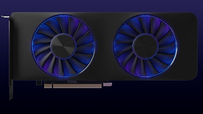 Intel Arc graphics card on a blue background.