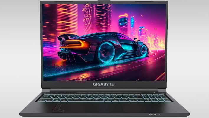 Gigabyte G6 gaming laptop with a car on the display. 