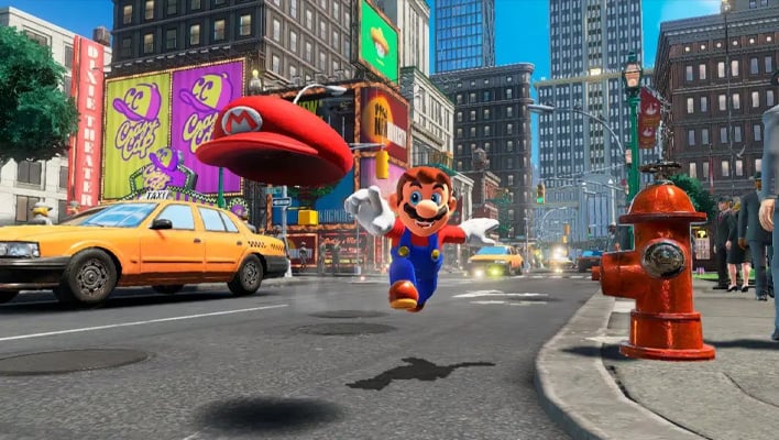 Super Mario Odyssey screenshot (Mario throwing his hat on a in a city setting).