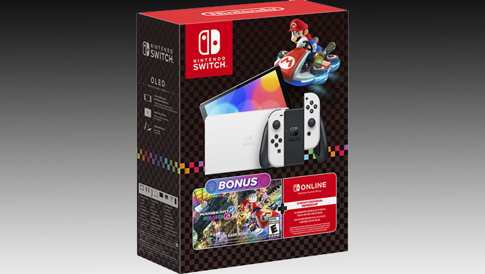 Nintendo Switch OLED + Mario Kart 8 Deluxe bundle packaging on a black and gray gradient background.