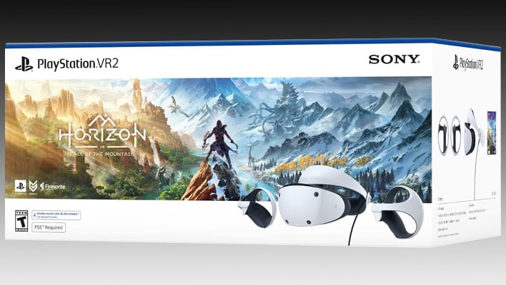 PlayStation VR2 Horizon Call of the Mountain Bundle (retail packaging on a black and gray gradient background).
