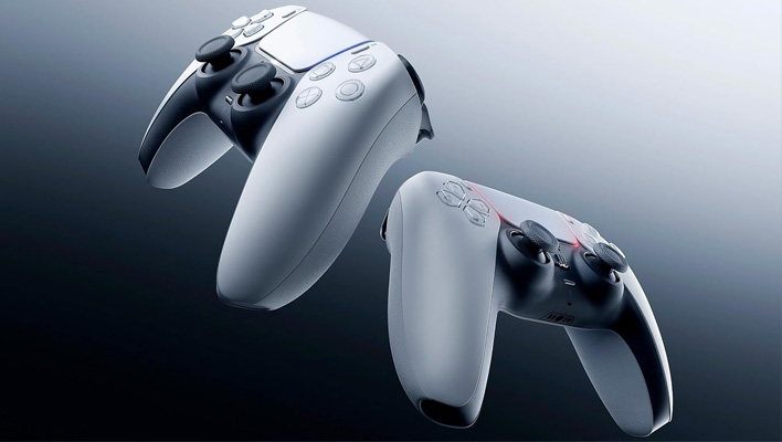 Sony DualSense controllers on a black and gray gradient background.