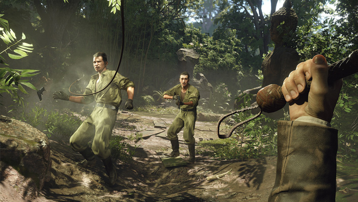 Indiana Jones raising his whip in Indiana Jone and the Great Circle.