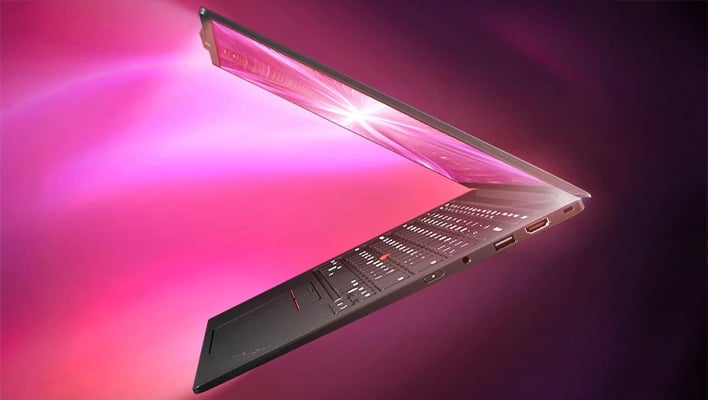 Side render of an open Lenovo ThinkPad X1 Carbon Auro laptop on a pinkish and purple background.