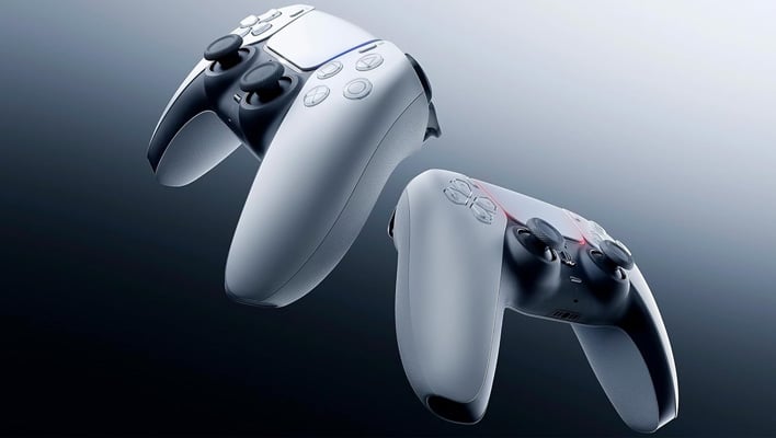 Two PlayStation DualSense controllers on a black and silver gradient background.
