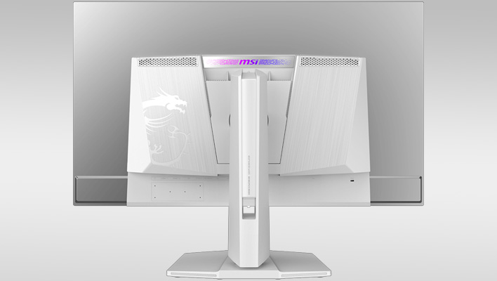 Rear render of MSI's MPG 321URXW QD-OLED gaming monitor on a gray gradient background.