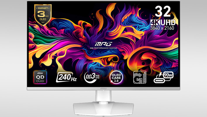 Front render of MSI's MPG 321URXW QD-OLED gaming monitor on a gray gradient background.