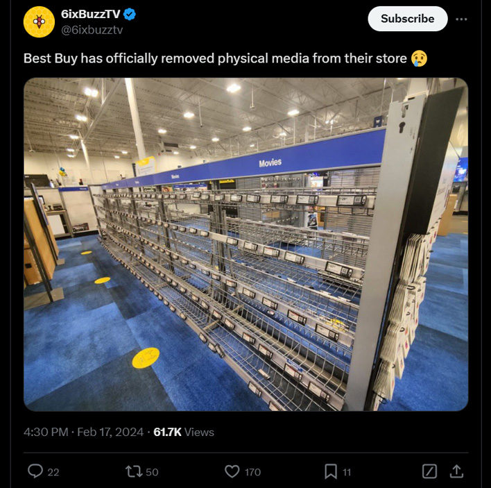 Post on X/Twitter showing a Best Buy rack cleared out of Blu-ray and DVD discs.