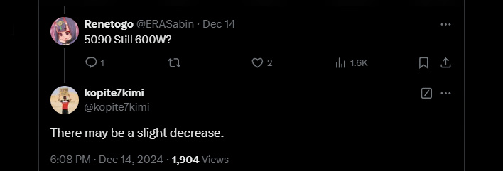 Post on X/Twitter about the upcoming GeForce RTX 5090's power draw.