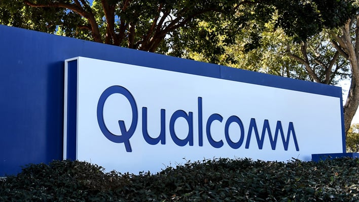 Closeup of Qualcomm's sign at its headquarters.