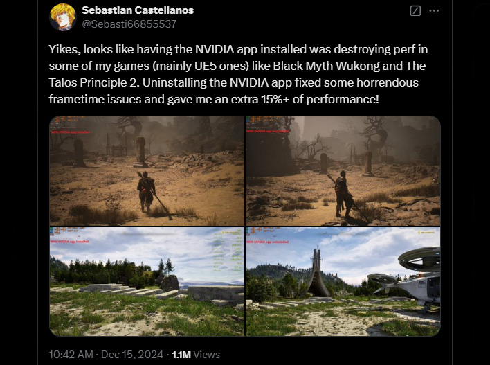 Sebastian Castellanos post on X/Twitter about the NVIDIA App hampering game performance.