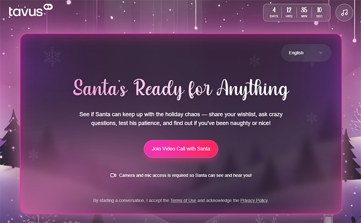 Splash screen for Tavus' AI Santa Claus.