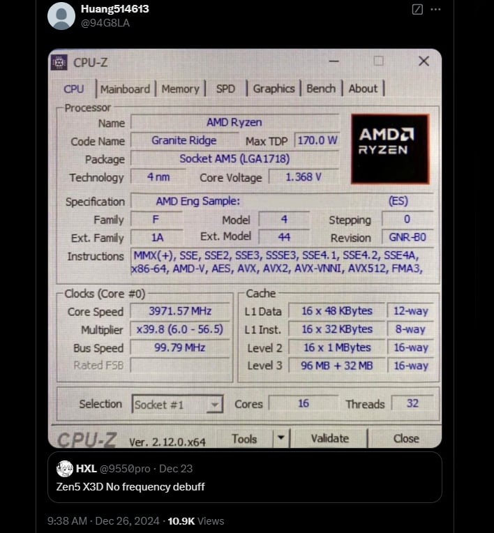 CPU-Z screenshot of a Ryzen 9 9950X3D posted on X/Twitter.