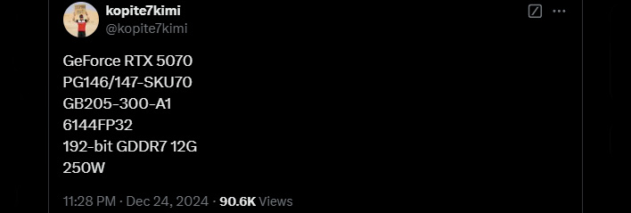 Post on X/Twitter outlining specs for the GeForce RTX 5070.