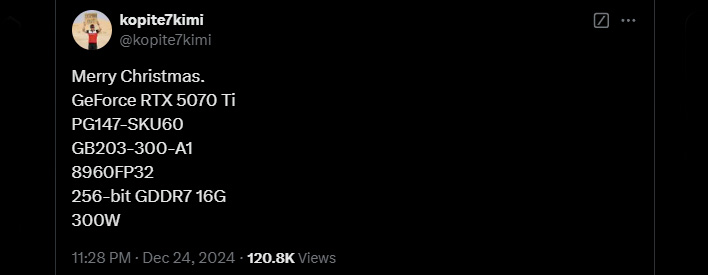 Post on X/Twitter outlining specs for the GeForce RTX 5070 Ti.