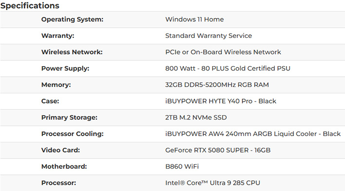 iBuyPower gaming PC spec sheet showing a GeForce RTX 5080.