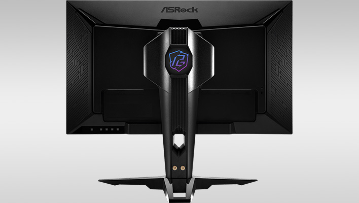 Rear render of ASRock's PG27FFX2A monitor on a gray gradient background.