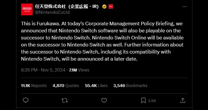 Nintendo post on X/Twitter confirming that the Switch 2 will be backwards compatible with the Switch.