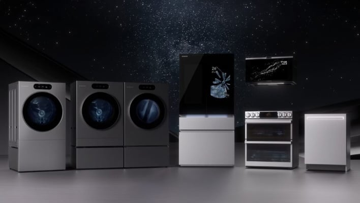 Row of LG appliances in front of a space-themed background.