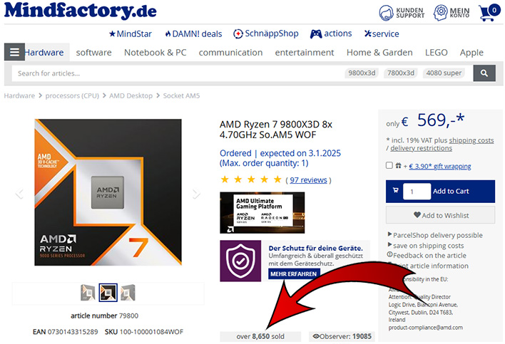 Screenshot of Mindfactory's Ryzen 7 9800X3D listing with a red arrow pointing to the sales ticker.
