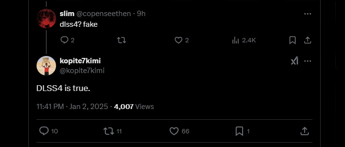 X/Twitter user kopite7mimi saying "DLSS4 is true."