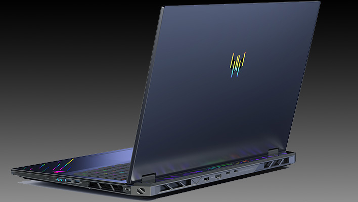 Rear angled render of Acer's Predator Helios 18 AI on a black and gray gradient background.