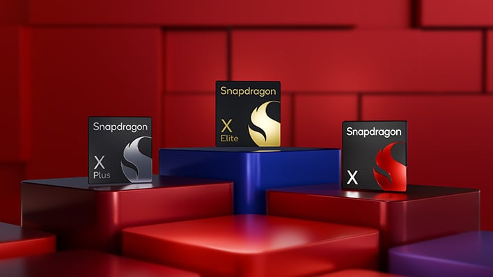 Qualcomm Snapdragon X Elite, Snapdragon X Plus, and Snapdragon X chips on pedestals in a red-colored background.