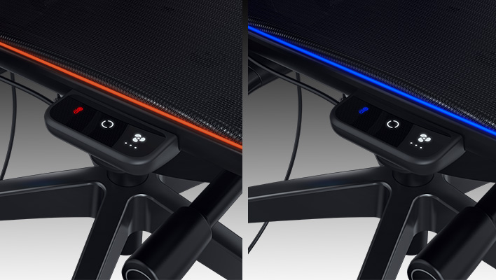 Closeup views (heating and cooling) of the touch panel on Razer's Project Arielle gaming chair.
