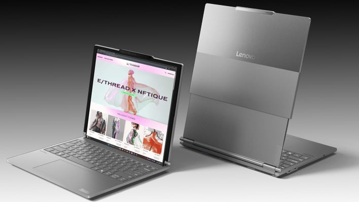 Front and back views of Lenovo's ThinkBook Plus Gen 6 Rollable laptop on a black and gray gradient background.