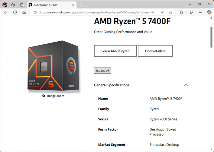 AMD Ryzen 5 7400F product page.