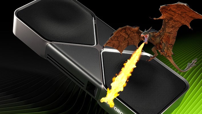 GeForce RTX 5090 with a dragon flying over it and spewing fire.