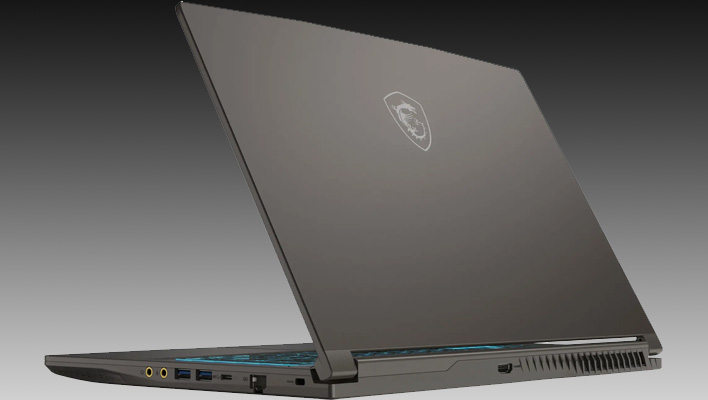 Rear angled view of MSI's Thin 15 gaming laptop on a black and gray gradient background.