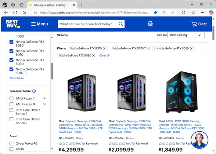 Capture d'écran des ordinateurs de bureau de jeu Best Buy équipés de GPU GeForce RTX série 50.