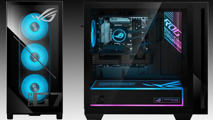 Front and side renders of an ASUS ROG G700 gaming PC on a black and gray gradient background.