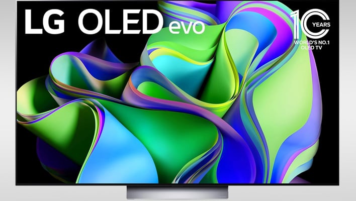 TV OLED LG C3 su sfondo grigio sfumato.