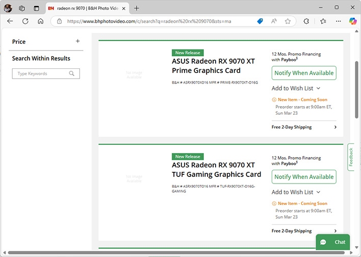 Screenshot of Radeon RX 9070 listings at B&H Photo.
