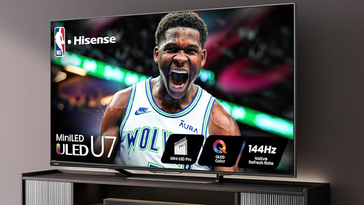 Hisense TV at an angle in a living room.