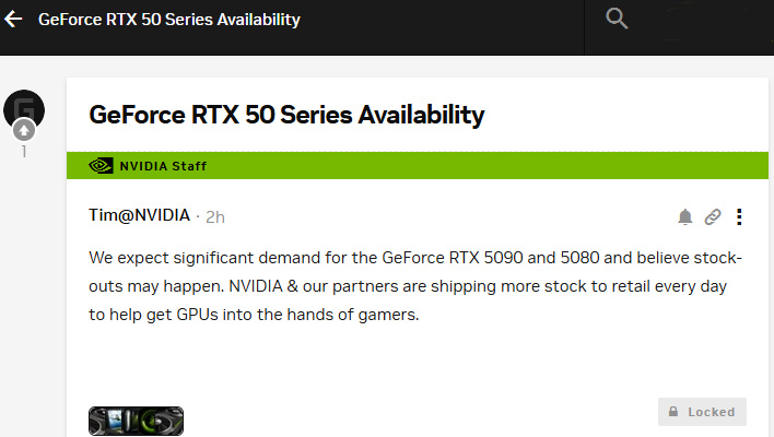 Screenshot of NVIDIA's statement on GeForce RTX 5090 and 5080 stock-outs. 
