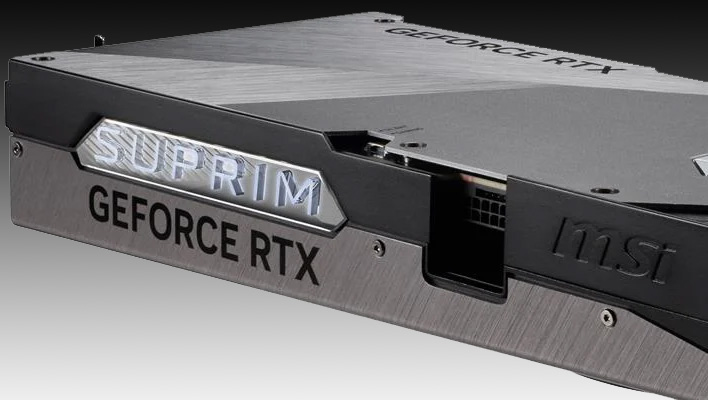 Zbliżenie MSI GeForce RTX 5090 Supreme Liquid SoC na czarnym i szarym tle gradientu.