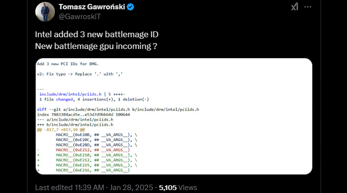 Post on X/Twitter about Battlemage references in Intel's linux driver.