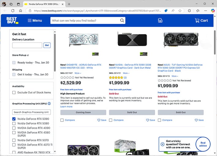 Screenshot of Best Buy's sold out GeForce RTX 5090 listings.