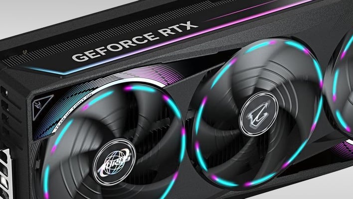 Closeup of a GeForce RTX 5090 graphics card on a gray gradient background.