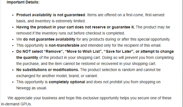 Screenshot of Newegg's fine print for its GeForce RTX 5090 lottery system.