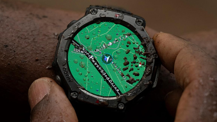 A wet and dirty Amazfit T-Rex 3 smartwatch on a wrist.