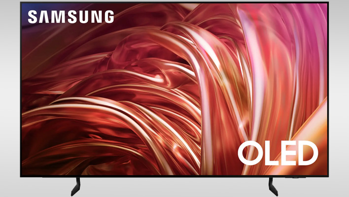 Samsung OLED TV on a gray gradient background.