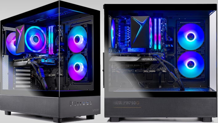 Skytech Azure Gaming PC (vues avant et côté latérale) sur un fond de dégradé gris.