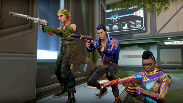 Valorant characters wielding weapons.