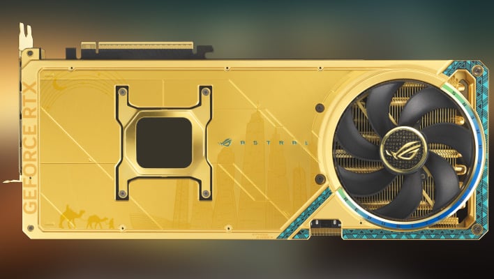 Rear render of the ASUS ROG Astral GeForce RTX 5090 Dhahab on a blurred background.